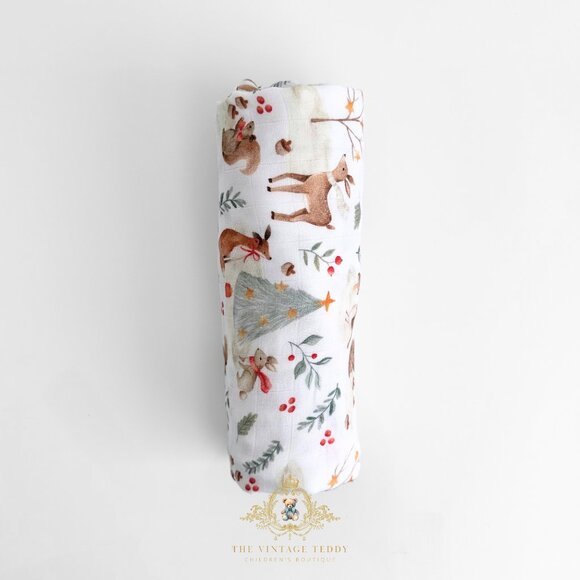 NWT Cute Baby Swaddling Receiving Blanket Christmas Woodland Animals & Friends - Picture 2 of 2